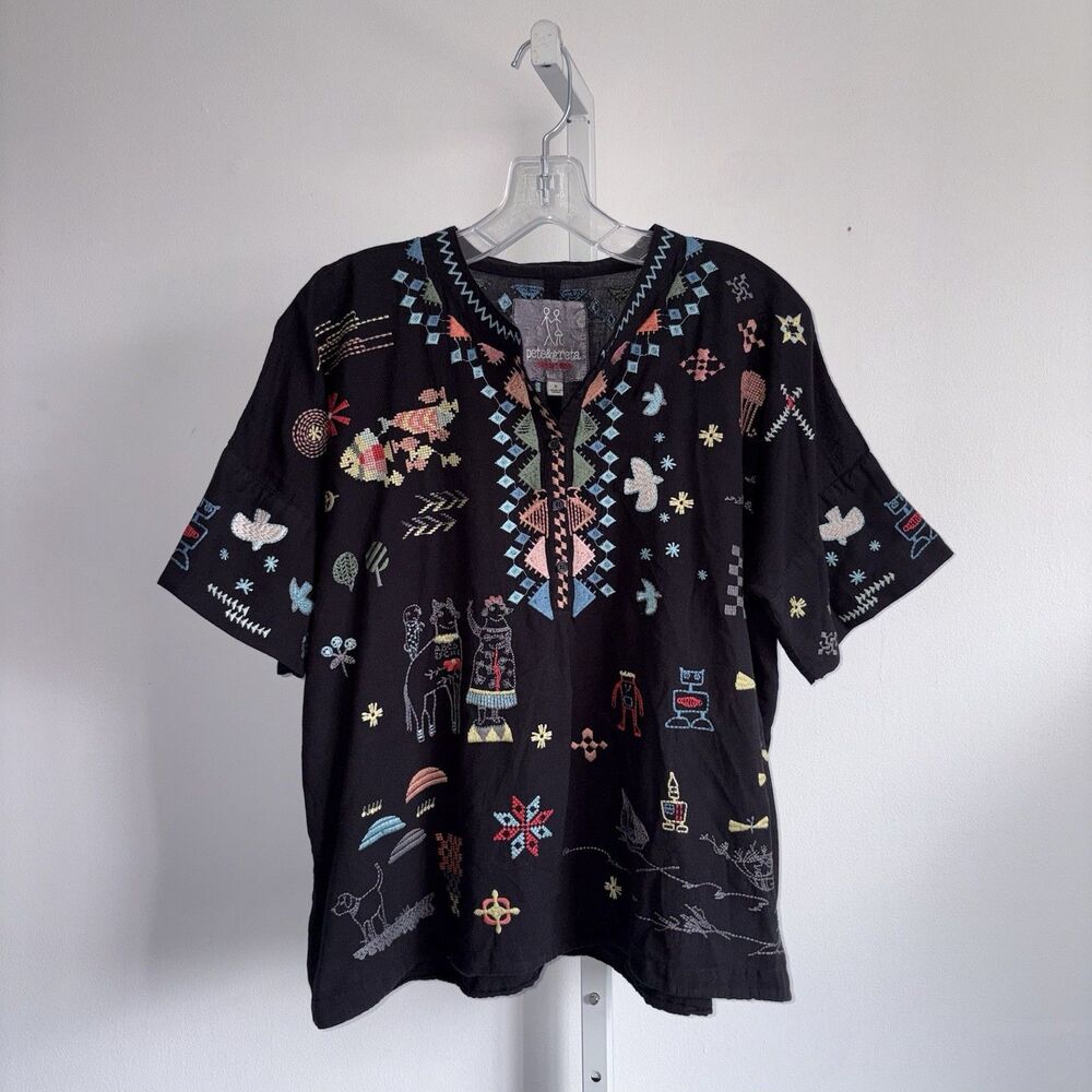 Johnny Was Pete&Greta Top Black Seraphina Embroidered Short Sleeve Size Small
